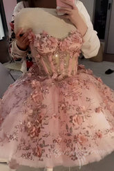 Charm Pink Flowers Tulle Short Prom Dress, Sweetheart Graduation Homecoming Dress